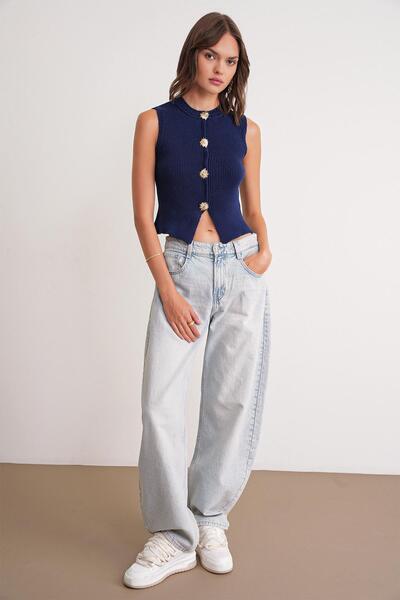 Mixray 6962 Women's Gold Buttoned Knitwear Vest Navy Blue