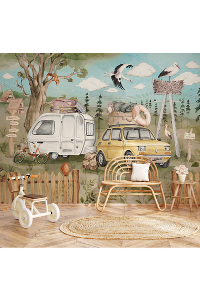 Tasarım Sarı Araba Karavan Kamp Gezi Orman Temalı Çocuk Odası Duvar Kağıdı