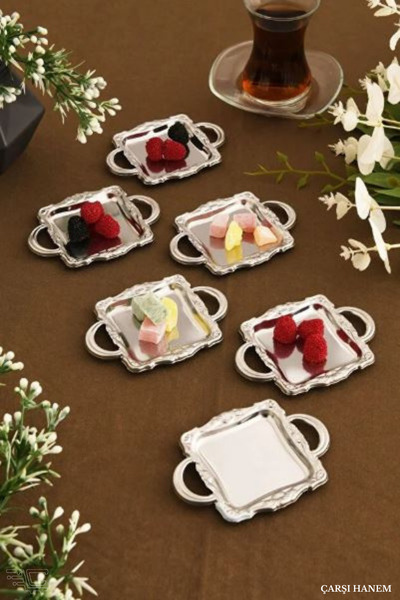 ÇARŞI HANEM 6 Pieces Minimal Coffee Side Square Presentation Plates with Handles Silver Set