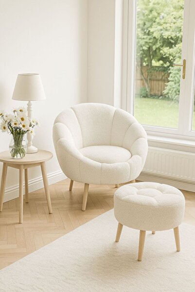 KOKİ DESİGN LİDA Tekli Koltuk Berjer Wellsoft Kırık Beyaz (SALON,BALKON,OFİS)PAPATYA PUF HEDİYELİ