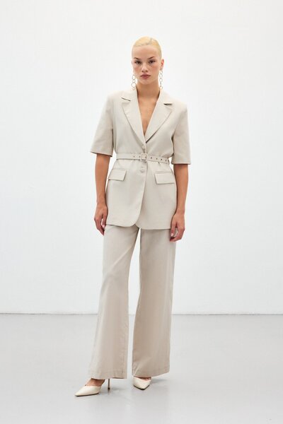 Sateen Pantaloni din in cu picior larg - Stone