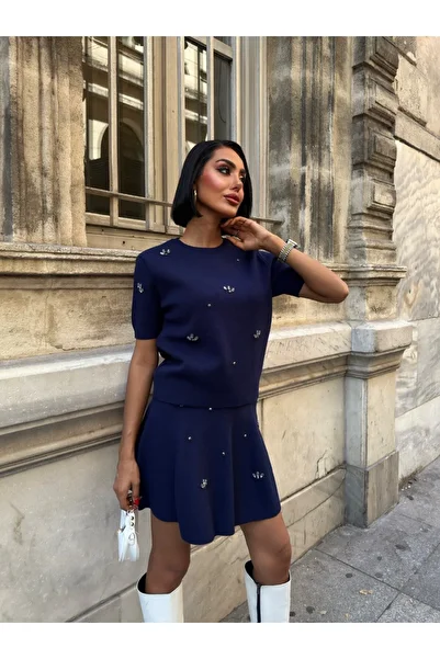 369 etnik butik Stone Embroidered Knitwear Set – Short Sleeve Blouse & Mini Skirt
