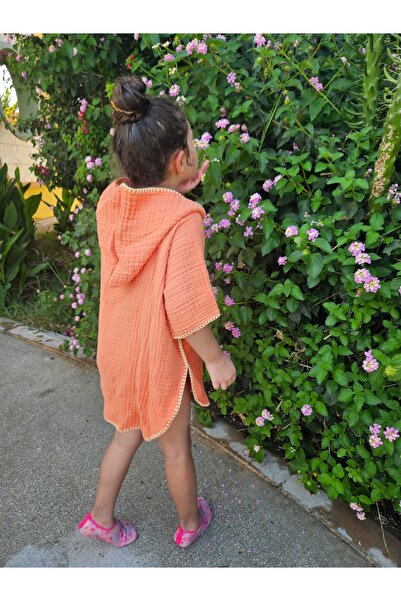 Mia Mina Home Baby 4 Layer Muslin Hooded Shepherd Stitched Children's Poncho Orange Color