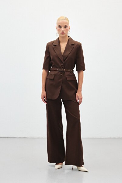 Sateen Λινό Παντελόνι με Φαρδιά Μπατζάκια - Καφέ