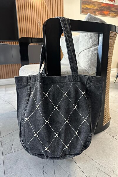 lamelif Washable Beaded Stone Embroidered Jeans Embroidered Bag with Velcro Closure Black