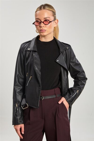 BARRELS AND OIL معطف نسائي من الجلد الصناعي بياقة مزدوجة - أسود