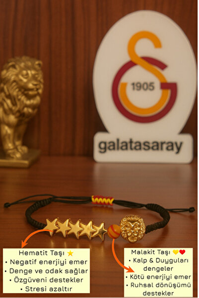 puffydik Galatasaray 5Th Star Lion Fan Bracelet – Adjustable (Hematite & Mala...