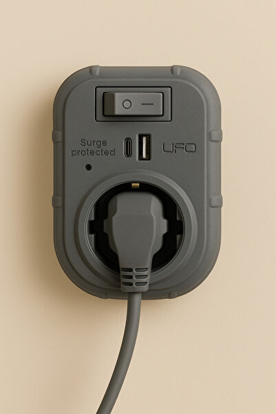 UFO Akım korumalı priz anahtarlı usb type-c Gri renk termal 3000 watt telefon şarj kablosu hediyeli