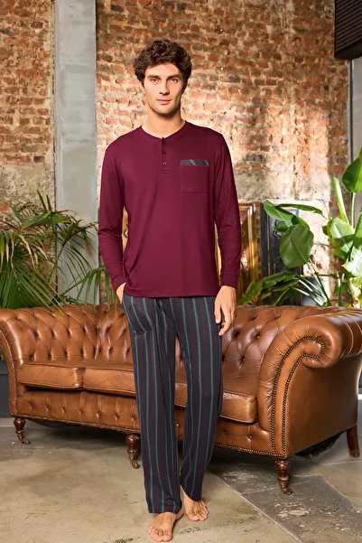 Aydoğan Men's Aras Winter Thermal Comfortable Burgundy Pajama Set 0535