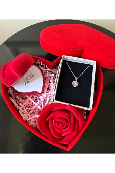 HKN AVM ACCESSORİES Kalpli Kutuda Kalpli Pembe Yüzük Kolye 14 Şubat Sevgililer Günü Hediyesi
