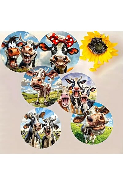 OKALİNA Cow Patterned Wooden Coaster Set of 6 (10X10 cm)