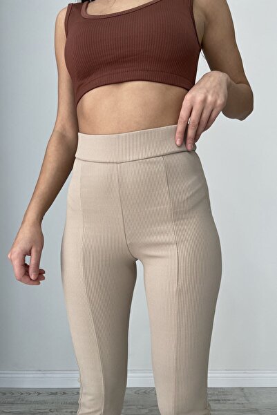 SV Sun Victoria Γυναικείο κολάν με ριμπ πέτρινο χρώμα και σχισμές στις πόδια