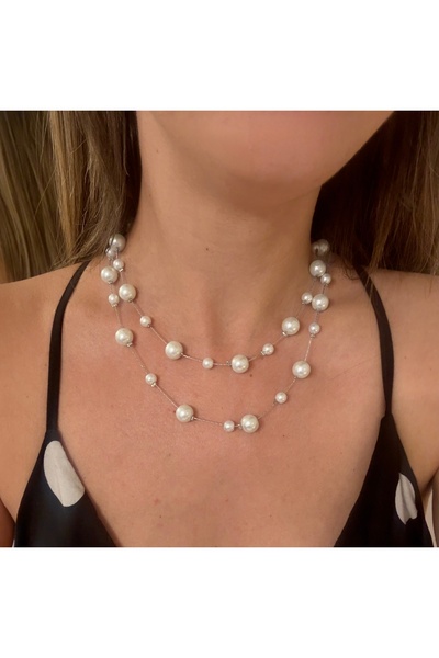 Laquila Jewellery Gümüş Renkli Zincir İnci Kolye Çiftli