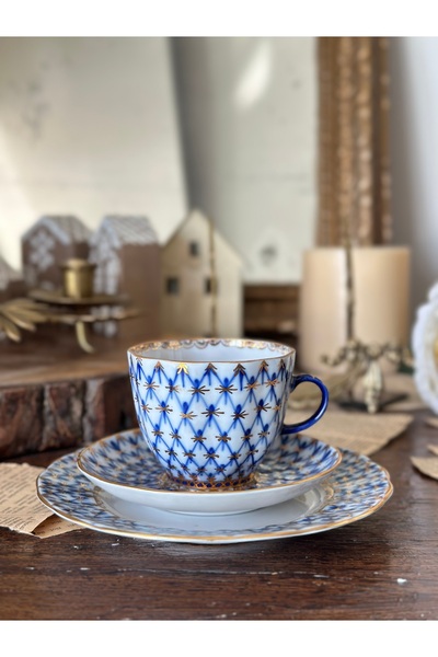 LOMONOSOV Antique Imperial Porcelain Russian Network Pattern Cobalt Blue White Gold Double Coffee Trio Set of 3