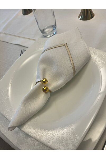 Zeren Home Polyester Linen Gold Pique Detailed Off-White Napkin 40X40 - 6 Pieces