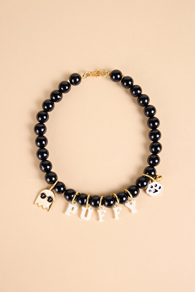 BEAD COLLAR SİYAH İNCİ BONCUKLU HAYALET VE PATİ CHARMLI KEDİ KÖPEK TASMASI/ KOLYESİ