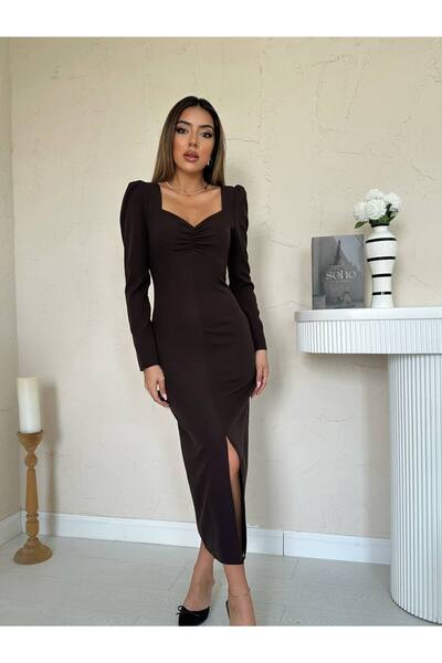 369 etnik butik Puff Shoulder Detailed Slit Midi Dress