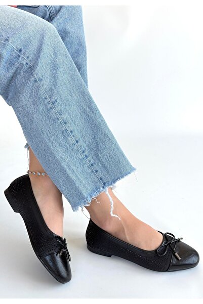 BESKAR Etya Black Leather Ballerina Shoes