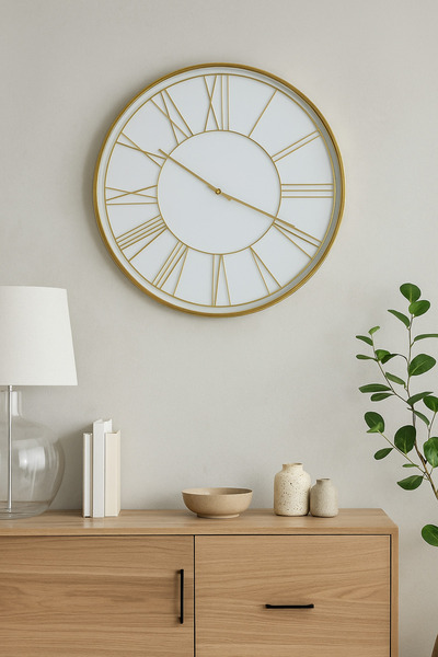 Living Round Wall Clock, White with Gold Frame, 50 cm
