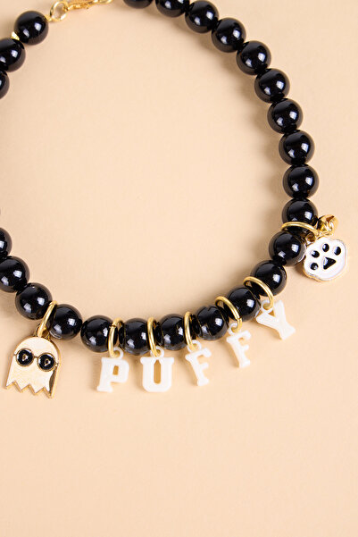 BEAD COLLAR SİYAH İNCİ BONCUKLU HAYALET VE PATİ CHARMLI KEDİ KÖPEK TASMASI/ KOLYESİ