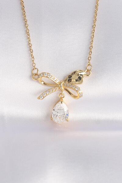 Celira 316L Steel Chain Gold Color Zircon Stone Drop Detail Bow Pendant Necklace Ns3966