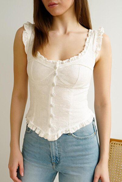 Nihanello Butik Beyaz fırfırlı bluz