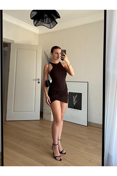 BAŞARAN Brown knot detailed mini dress