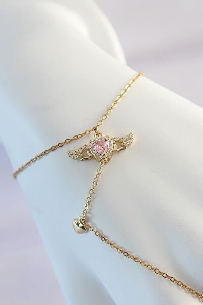 Celira 316L Steel Gold Color Pink Zircon Stone Winged Heart Model Şahmeran Ns4078