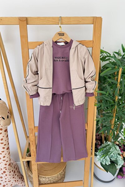 Minigimin Cicileri My Little Girl's 3-Piece Tracksuit Set with Hooded Sleeves and Stone Embroidery Detail - Beige