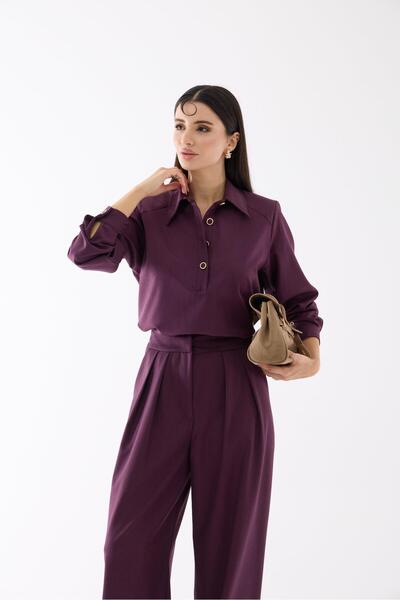 HAZELANNA بلوزة بولو عالية الجودة ذات ياقة بولو بلون البرقوق