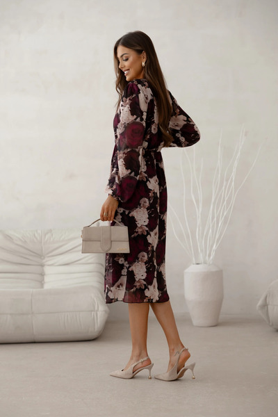 UniqueStore.ro Rochie midi cu imprimeu floral în nuanțe de vișiniu
