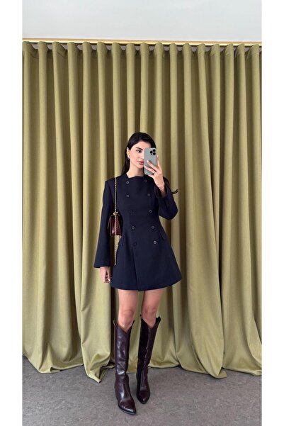 HAZELANNA فستان جاكيت أزرق داكن بأزرار