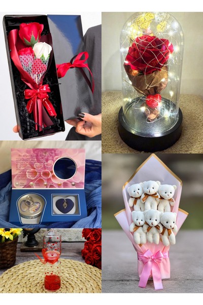Linalux Gifts Sevgiliye Ayıcık Buketi - Işıklı Fanus - İnci Kolye - Mini Gül ...