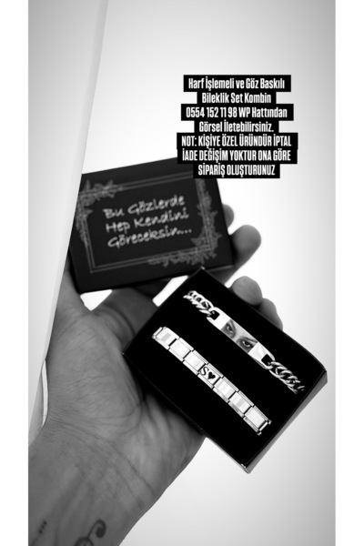 Çelik Harf İşlemeli ve Göz Baskılı Bileklik Set Kombin - Gözlerim Hep Seninle Sevgilim