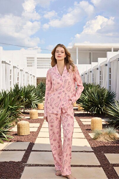 Aydoğan Lodos Store Women's V-Neck Long Sleeve Front Buttoned Cotton Pajamas Set with Christmas Tree Pattern