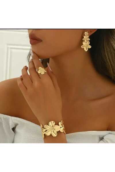 beyna aksesuar Gold Plated Flower Bracelet, Earrings and Ring Set Gift for Lover Gift for Mother