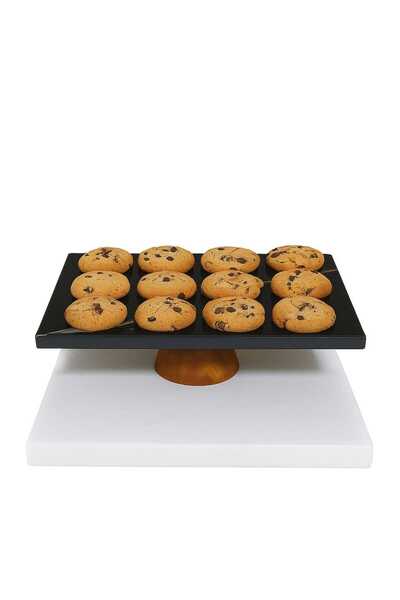 ELİT DÜKKAN Marble Display Stand Rectangular Cake Cupcake Stand Black Display Stand with Wooden Legs