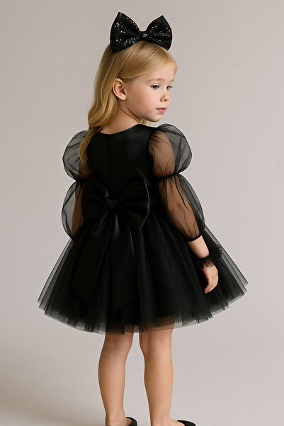 NA ADDESIGN Tül Kollu Kız Çocuk Elbisesi, Siyah, Beyaz, Kırmızı, Mavi, Fuşya, Tüllü Çocuk Elbise