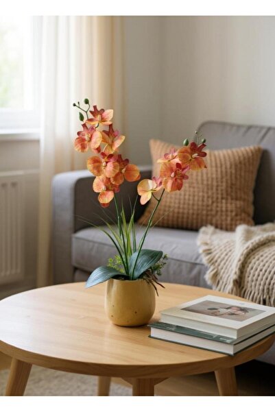 Nettenevime Yapay Çiçek Somon Islak Orkide Gold Metal Saksıda Saksıda Orkide 50cm