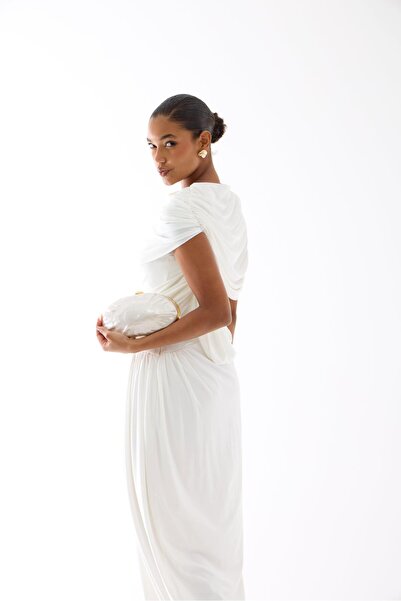 HAZELANNA Kayık Yaka Beyaz Uzun Tasarım Elbise