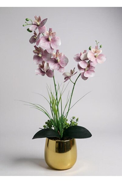 Nettenevime Yapay Çiçek Pudra Pembe Islak Orkide Gold Metal Saksıda Saksıda Orkide 50cm