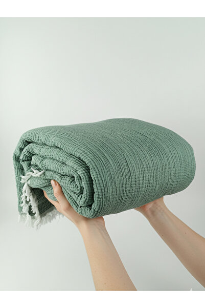 uraltaytowel Yeşil %100 Pamuk 4 Katlı Müslin Dekoratif Koltuk Şalı/TV Battaniyesi/Pike/Yatak Örtüsü 240x260 cm