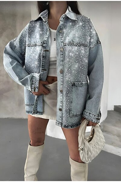 MADAMMERY Taşlı Parlak Mavi Kadın Kot Ceket/ Tasarım Denim Oversize Kot Mont