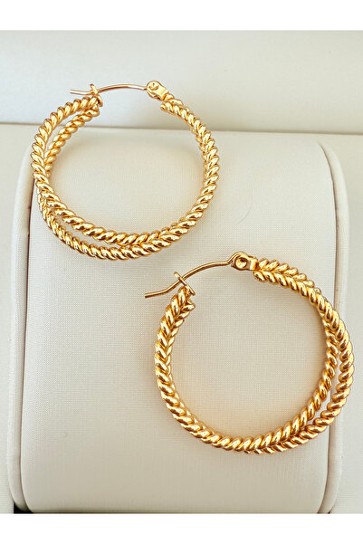 ATLASAKSESUARR Çift Geçmeli Daire Model Gold Altın Kaplama Küpe