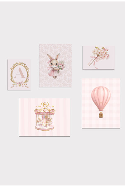 Kids Pudra Pembe Atlı karınca Masal diyarı Temalı 5'li Çerçevesiz Poster SET