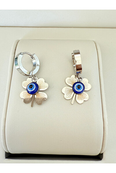 ATLASAKSESUARR Nazar Boncuklu Yonca Model Çelik Küpe