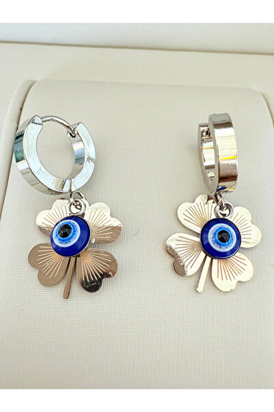 ATLASAKSESUARR Nazar Boncuklu Yonca Model Çelik Küpe