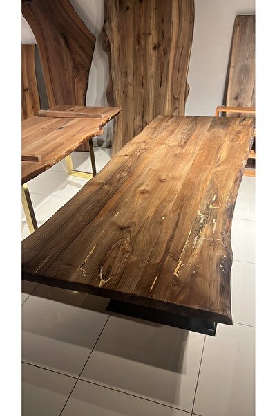Ahşap Desen Metal Ayaklı %100 Doğal Ahşap Ceviz Masa (180CM X 90CM)