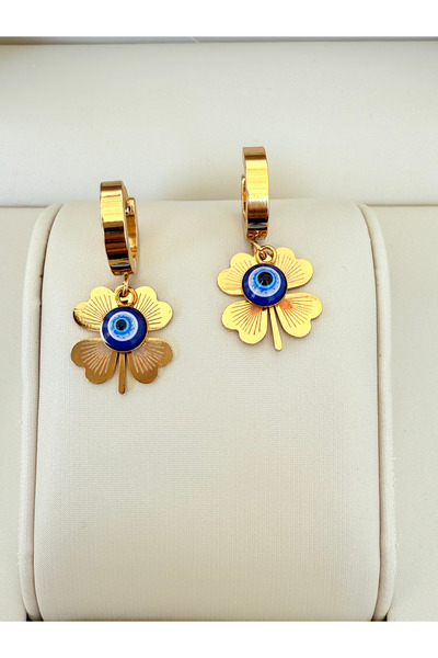 ATLASAKSESUARR Nazar Boncuklu Yonca Model Gold Çelik Küpe