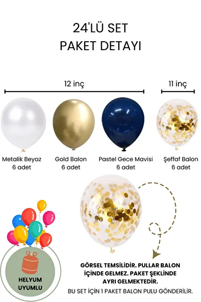 Bunloon Midnight Blue Gold White Balloon Set 24 Pcs - 12 Inch Pastel, Metallic, Chrome + 11 Inch Clear Balloons